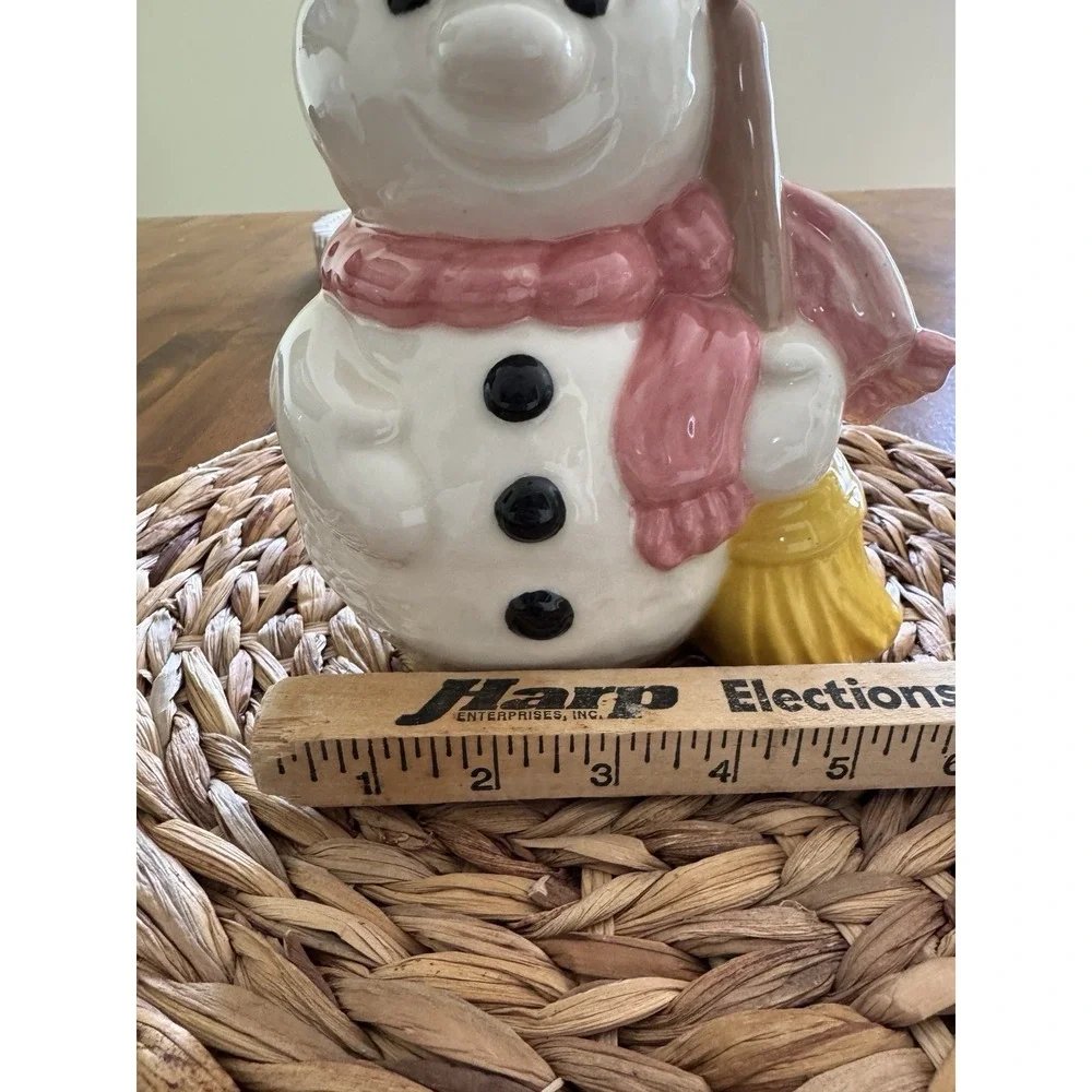 Care Inc 1976 Vintage Ceramic Snowman Figure Top Hat Pink Scarf Broom 9.5in